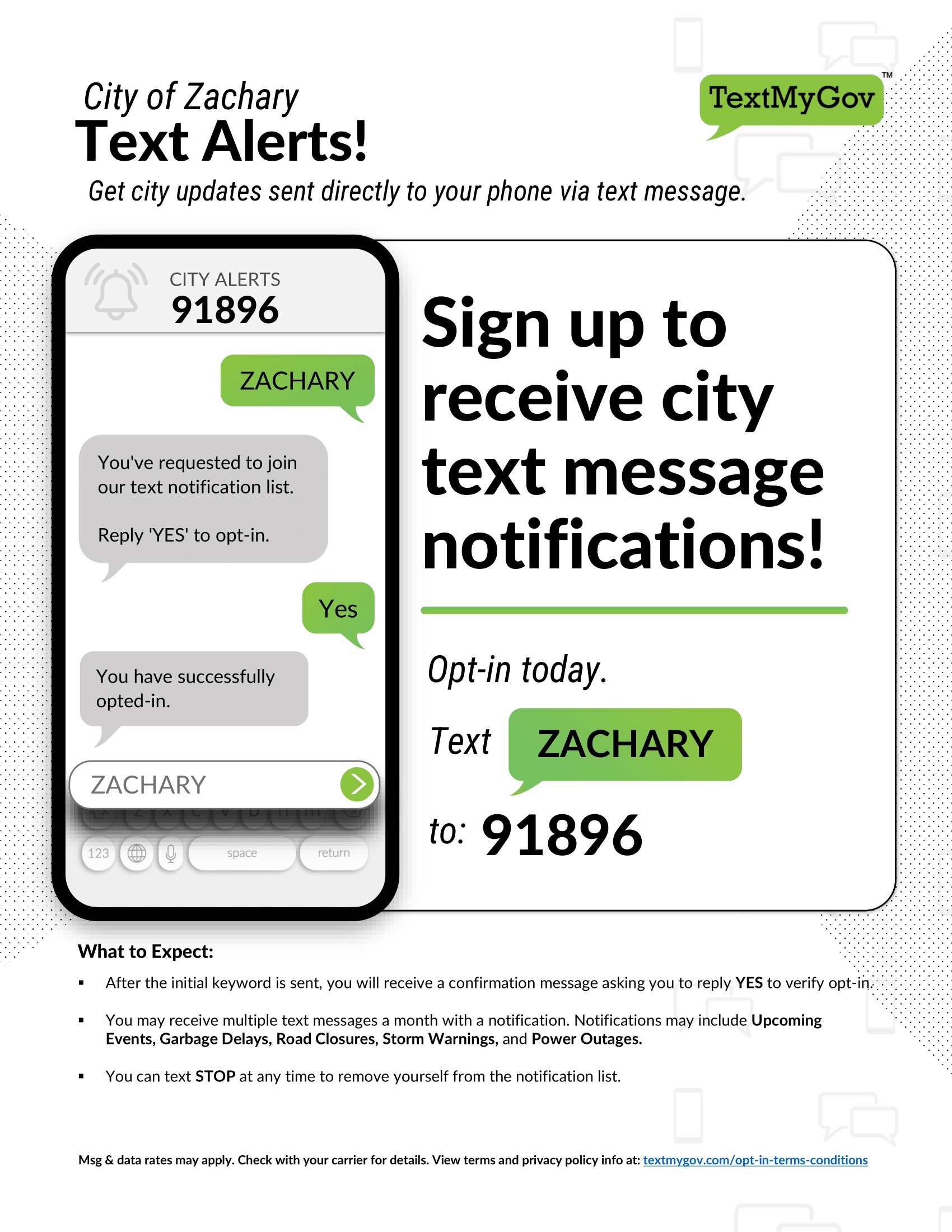 City of Zachary Launches TextMyGov New Text Alert and Text Messaging Service