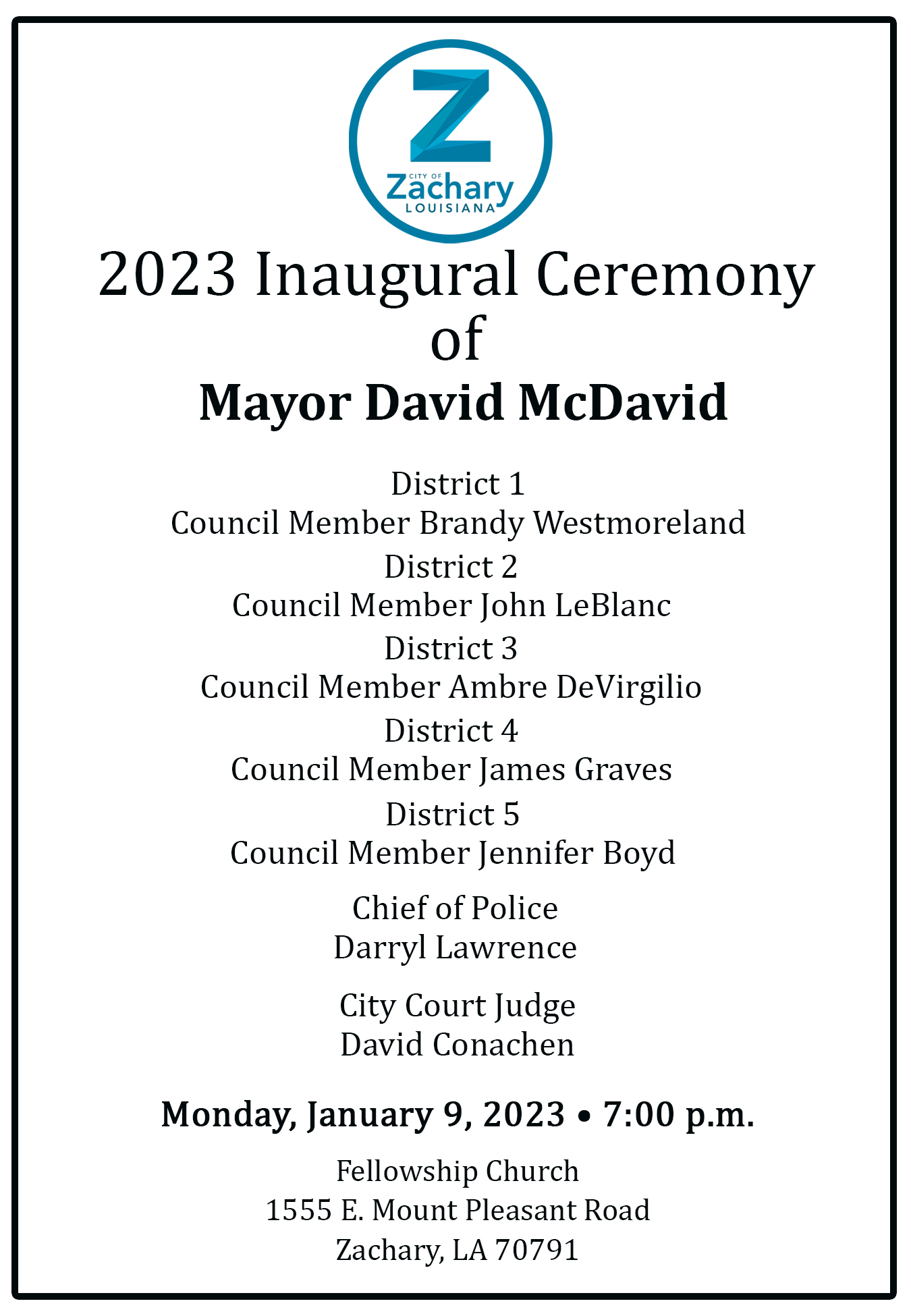 Inaugural Ceremony of Mayor, City Council Members, Chief of Police and City Court Judge Set for 1/9